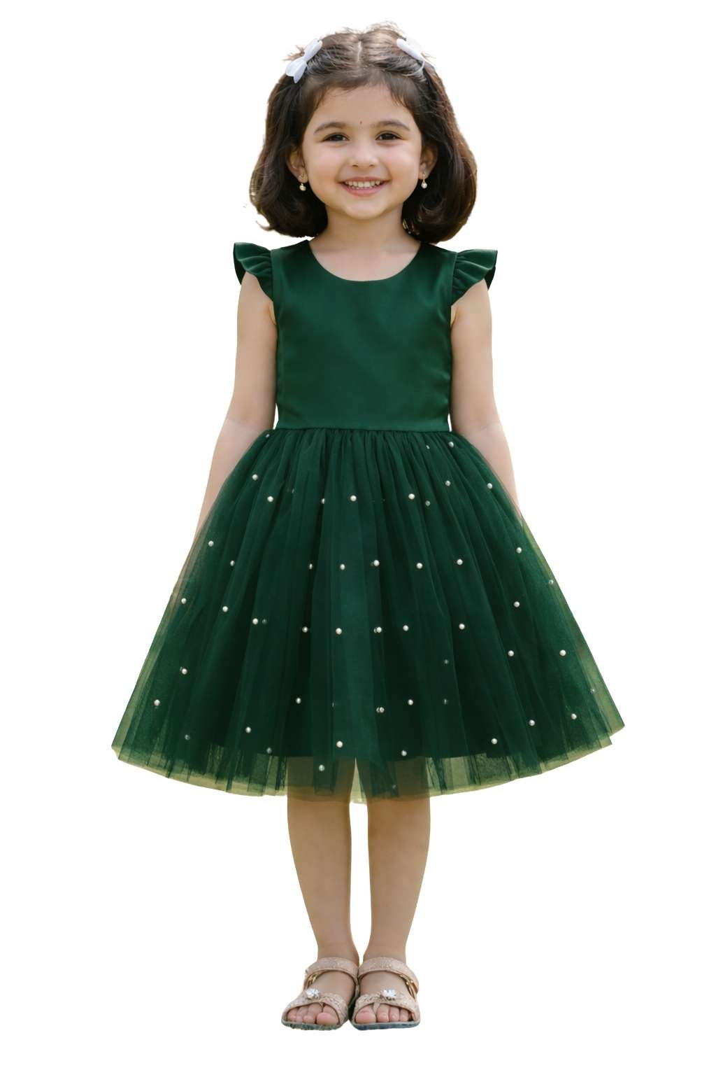 BRAVEBEAR Toddler Girls Fly Sleeve Dresses Pearl Decoration Solid Color Bowknot Princess Dress
