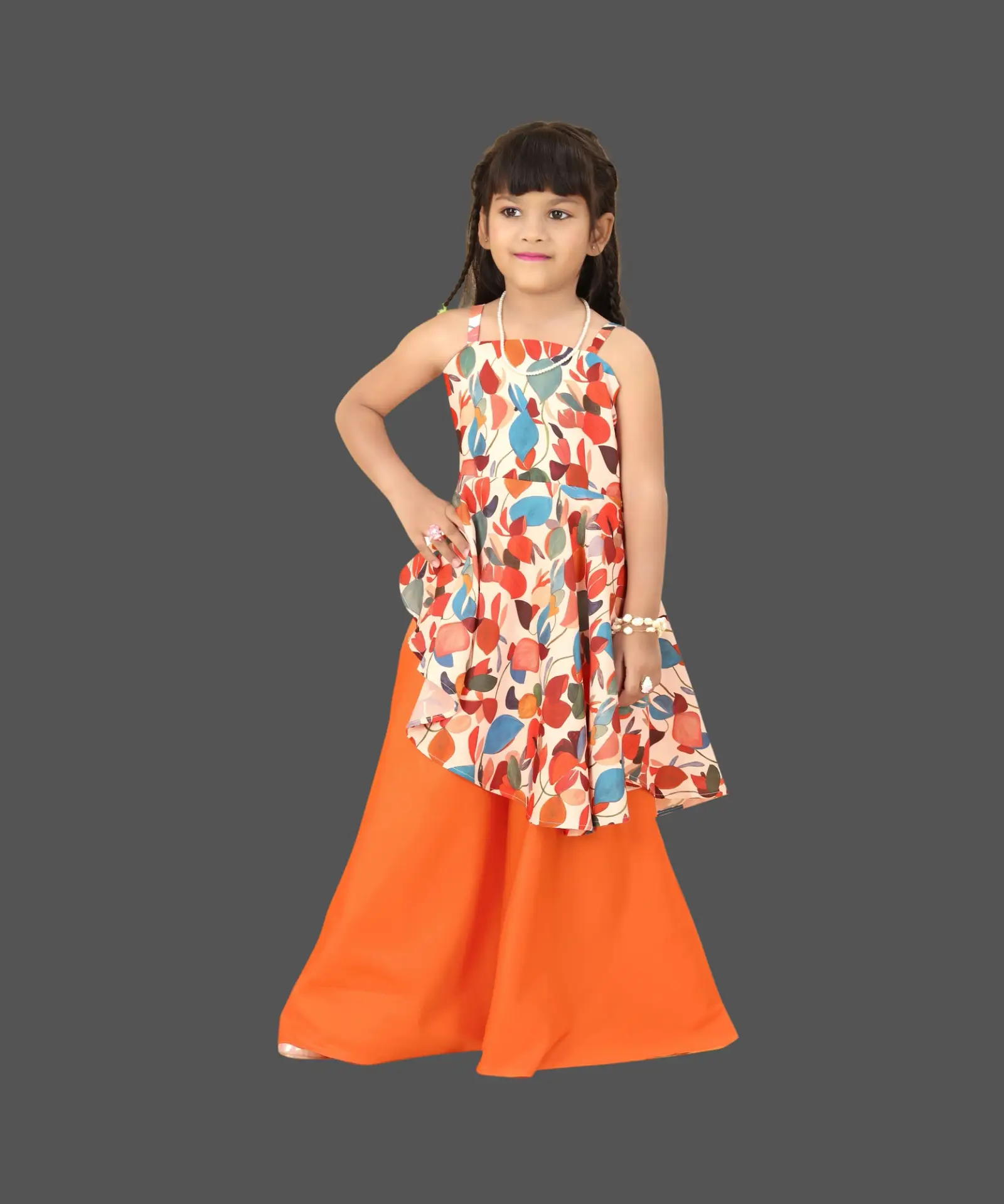 Brave Bear Girl's Printed Designer Multicolour Kurti With Flared Palazzo Set For kids Girls