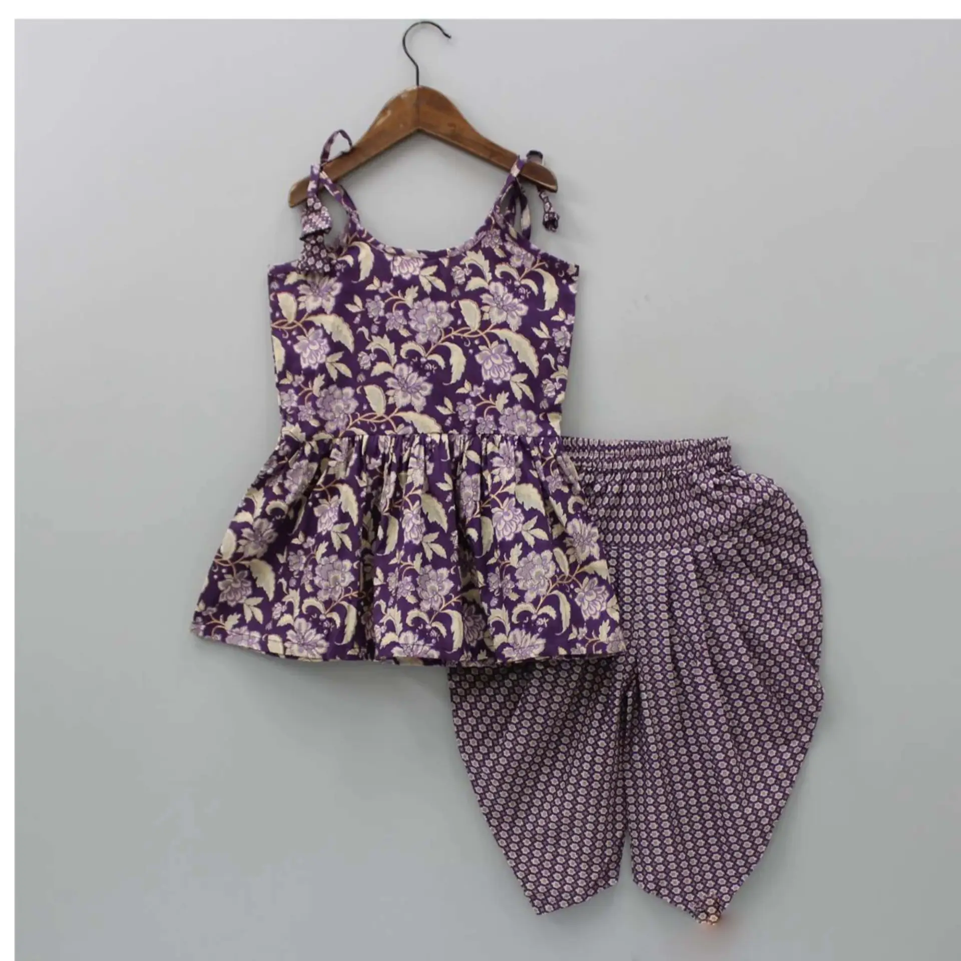 Brave Bear Round Neck Tie Strap Purple Top And Dhoti Set For Kids Girls