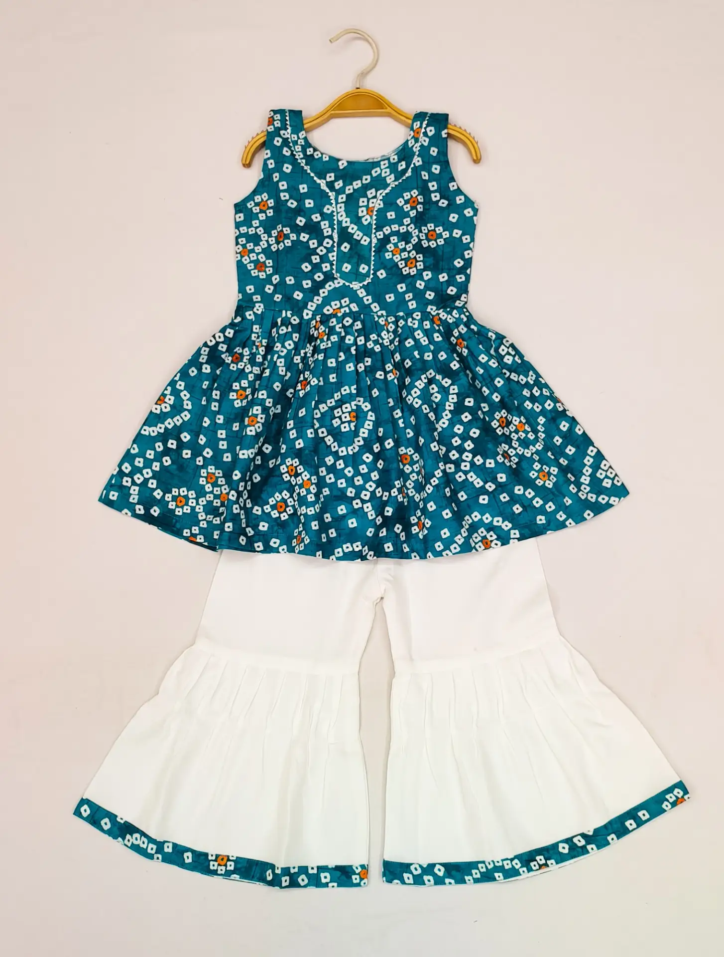 Brave Bear Girls Rayon Printed Stylish Sharara Suit Set- Teal Blue Top With White Sharara