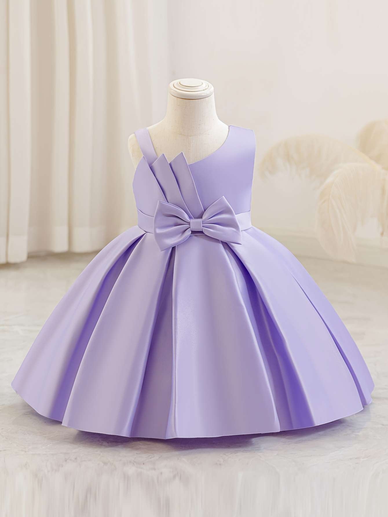 BRAVEBEAR Baby Girl Dress 1-7 Years Satin Ruffle Pageant Dress Cute Bowknot Princess Dress Knee Length Ball Gown Dresses for Girls Solid Color One-Shoulder Sleeve Kids Dresses