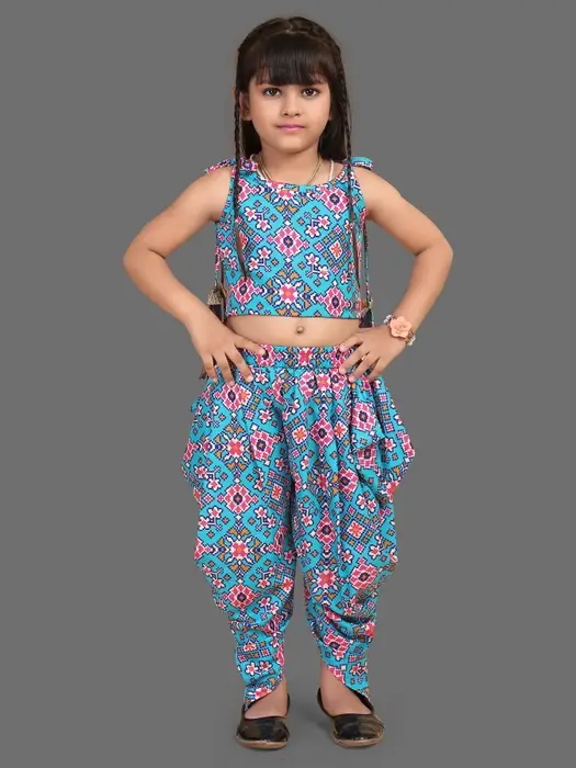 Brave Bear Kids Girl's Rayon Patola Printed Ethnic Wear Crop Top With Patiala Dhoti Set